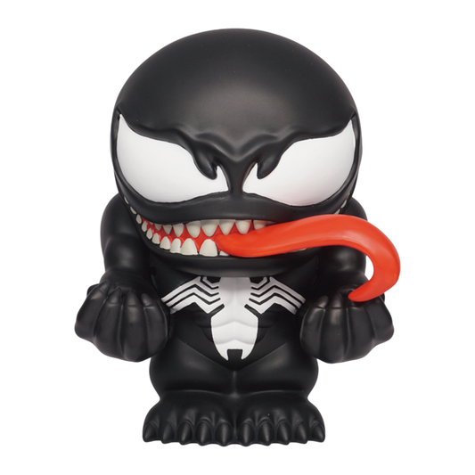 Venom PVC figural bank, chibi style, on dark background