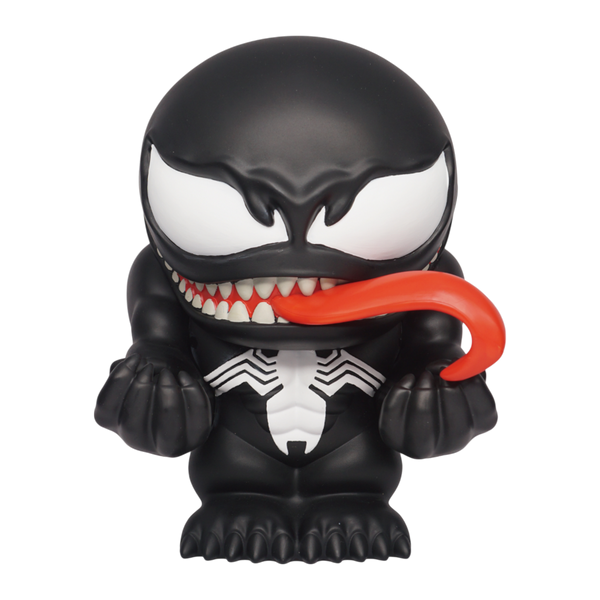 Venom PVC figural bank, chibi style, on dark background